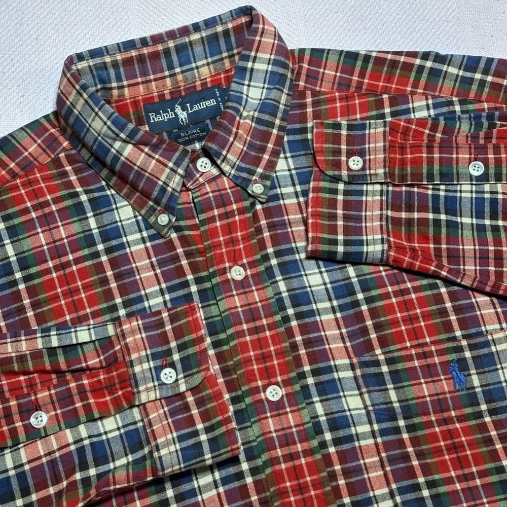 Ralph Lauren Button Down Shirt Mens Large Blaire Plaid Cotton Red Blue Multi